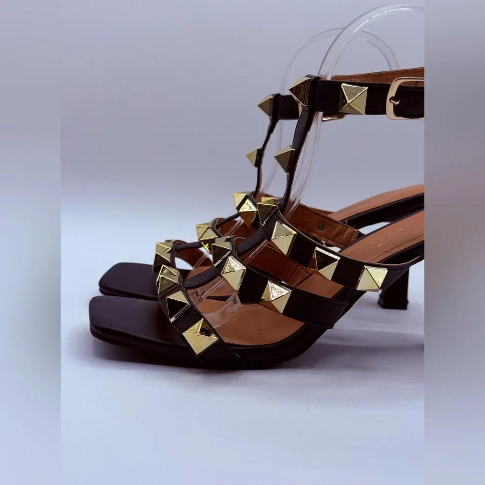 Nicole Miller NY Gold Studded Black Heeled Sandals – Ankle Strap Fashion Heels - Picture 4 of 16